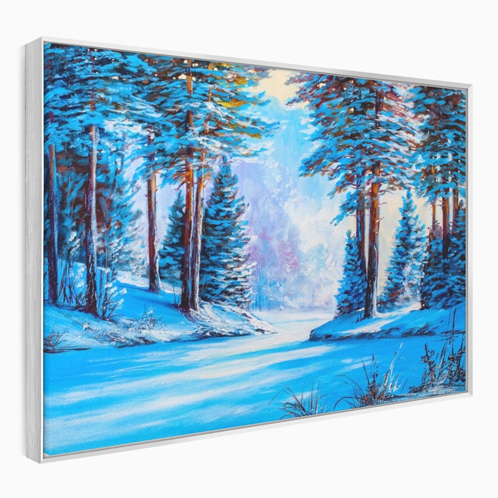 Tablou canvas cu pictura peisaj de iarna cu padure si zapada, in rama de aluminiu argintiu